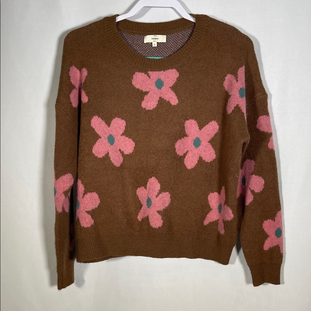 ENTRO WOMENS BROWN PINK FLORAL SWEATER SMALL